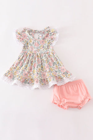 Pink floral print baby bloomers set