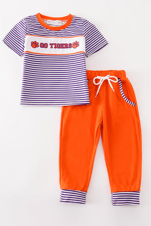 Purple stripe GO TIGERS embroidery boy set