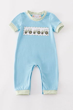 Blue tractor embroidery boy romper