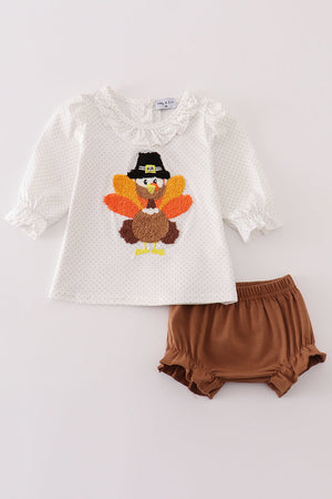 Brown turkey french knot baby girl set