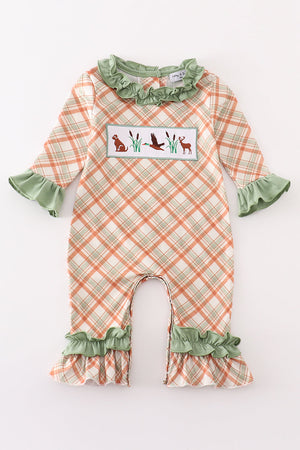 Green hunting duck embroidery girl romper