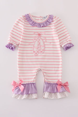 Purple ballet shoes embroidery ruffle stripe romper