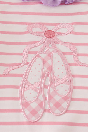 Purple ballet shoes embroidery ruffle stripe romper