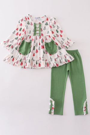 Green christmas tree print girl ruffle set