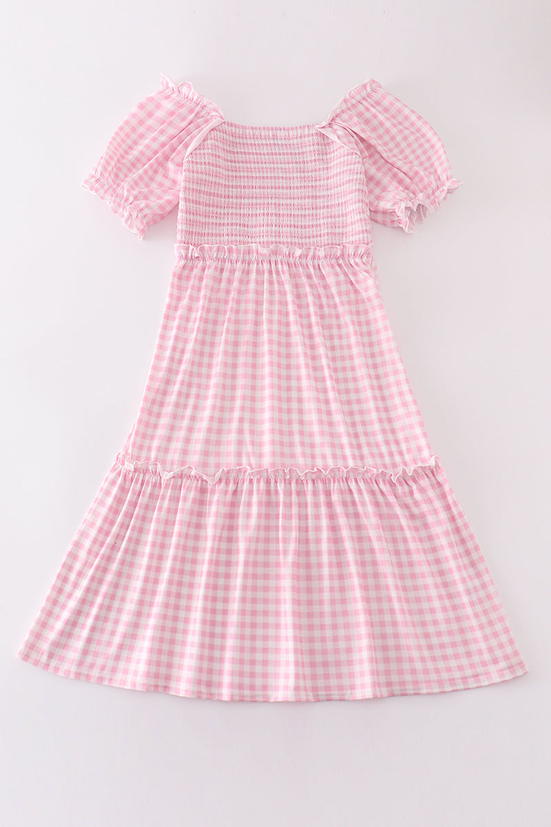 Pink gingham smocked women dress  HoneyBean