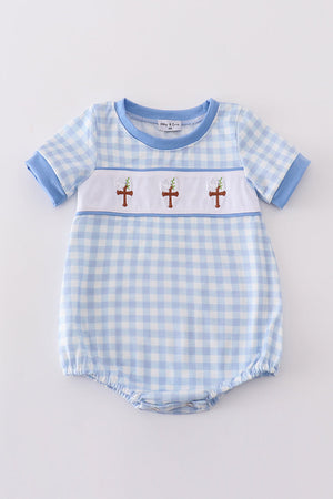 Blue easter cross embroidery gingham boy bubble