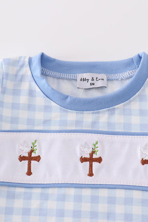 Blue easter cross embroidery gingham boy bubble