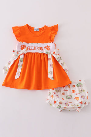 Orange clemson embroidery girl bloomer set