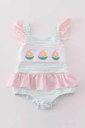 Pink sailboat embroidery girl swimsuit