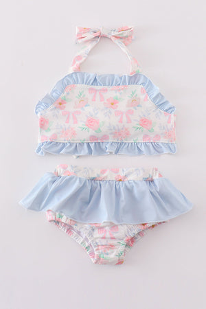 Pink floral bow print 2pc girl swimsuit