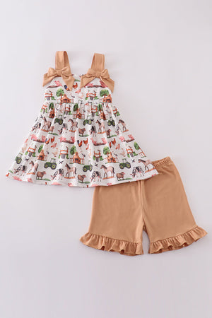 Khaki farm print bow girl set