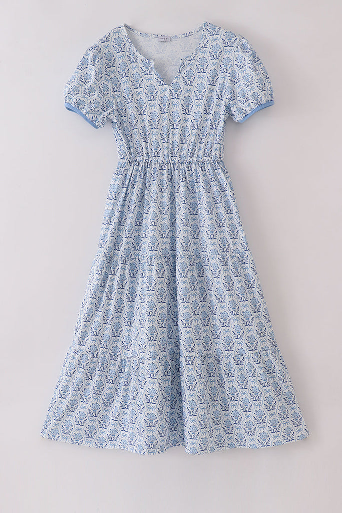 Blue toile garden bow mom tiered dress – HoneyBean Blue toile garden bow mom tiered dress – HoneyBean