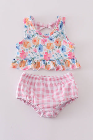 Pink watercolor floral ruffle 2pc swimsuit (UPF50+)