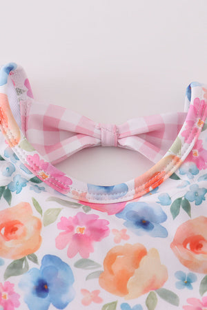 Pink watercolor floral ruffle 2pc swimsuit (UPF50+)