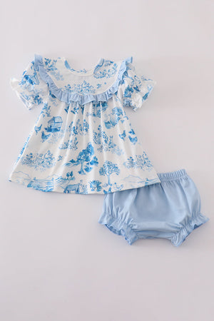 Blue farm print bloomer set