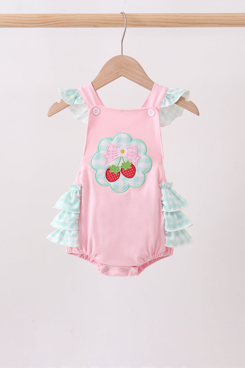 Pink Strawberry Applique Knit Bubble