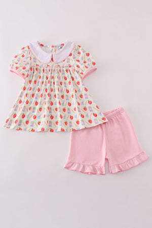 Apple pencil print ruffle shorts set