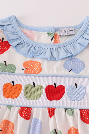 Blue apple embroidery smocked ruffle shorts set