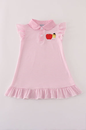 Pink stripe apple applique ruffle button down dress