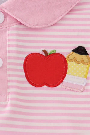 Pink stripe apple applique ruffle button down dress