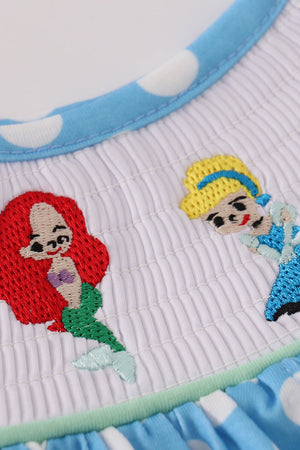 Blue dot character embroidery smocked bloomer set