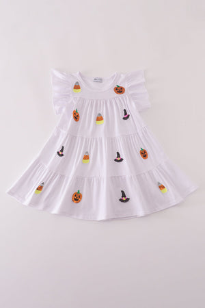 White ghost witch pumpkin sequin ruffle dress