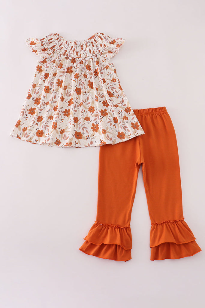 Fall floral print smocked ruffle pants set – HoneyBean