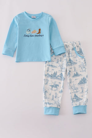 Blue cowboy embroidery romper