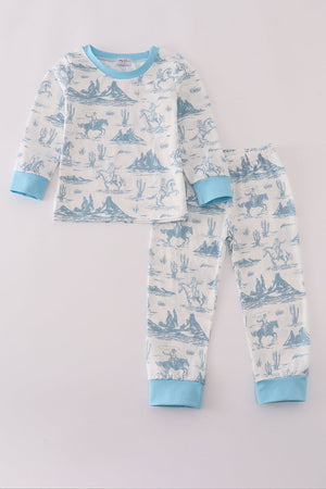 Blue cowboy print pants set