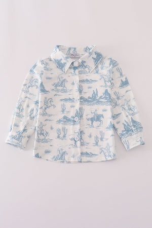 Blue cowboy print button down shirt