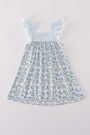 Blue bow & lace print ruffle dress
