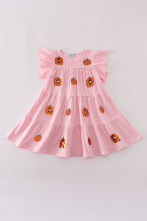 Pink turkey pumpkin sequin tiered ruffle dress