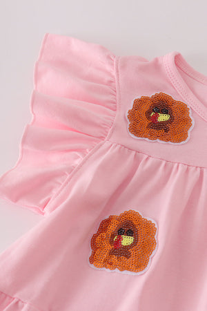 Pink turkey pumpkin sequin tiered ruffle dress