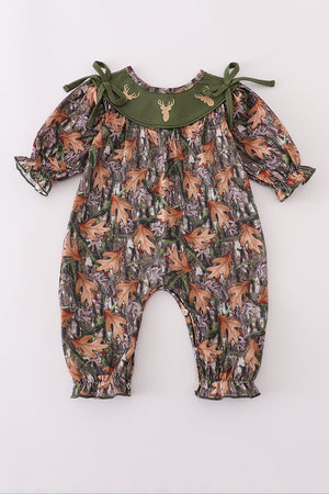 Forest hunting deer embroidery ruffle romper