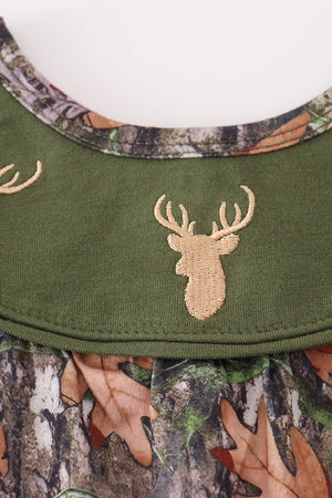 Forest hunting deer embroidery ruffle romper