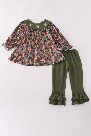 Forest hunting deer embroidery ruffle pants set