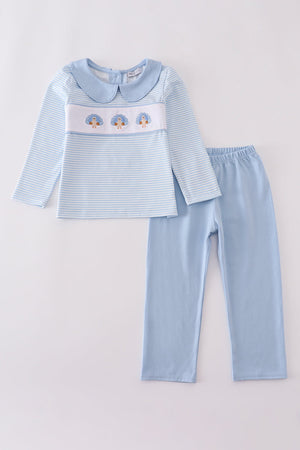 Blue turkey embroidery stripe pants set