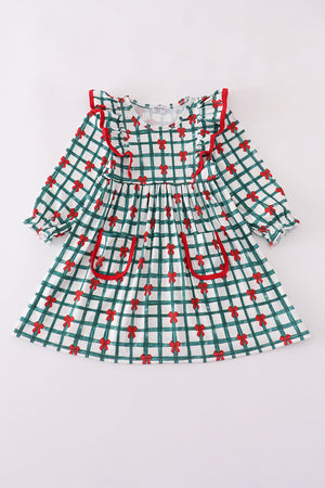 Green bow plaid ruffle dress