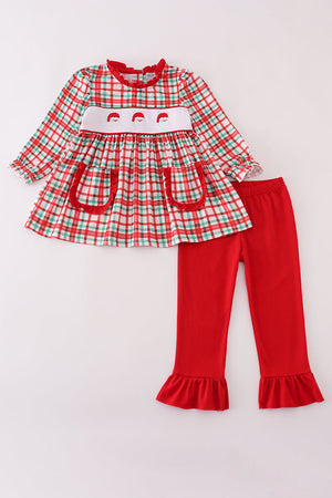 Red santa claus embroidery plaid ruffle pants set
