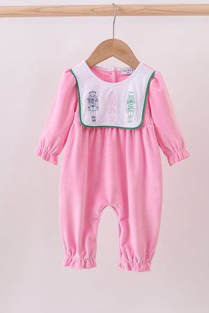Pink nutcracker embroidery velvet romper