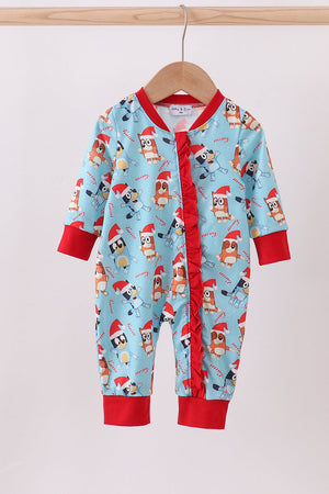 Blue christmas character print ruffle romper