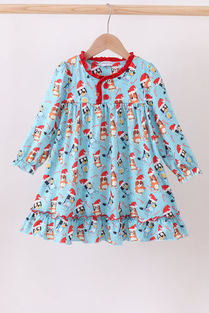 Blue christmas character print ruffle gown