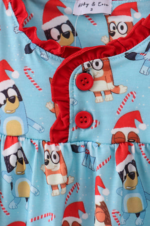 Blue christmas character print ruffle gown