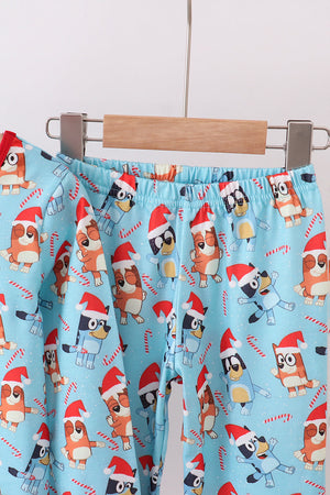 Blue christmas character print ruffle pajamas set