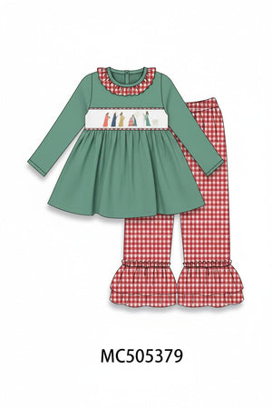 Green nativity embroidery ruffle pants set