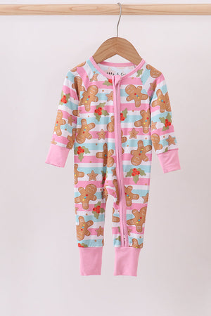 Pink christmas gingerbread bamboo pajamas zipper romper