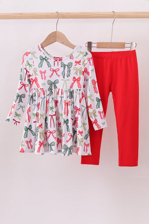 Red bow bamboo pajamas dress set