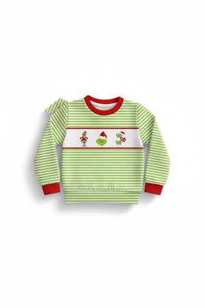 Green christmas grinch embroidery stripe top