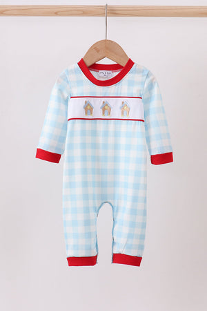 Blue gingerbread house embroidery gingham romper