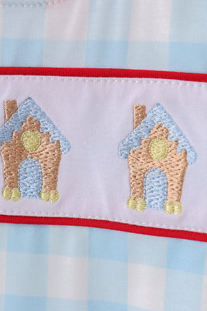 Blue gingerbread house embroidery gingham romper